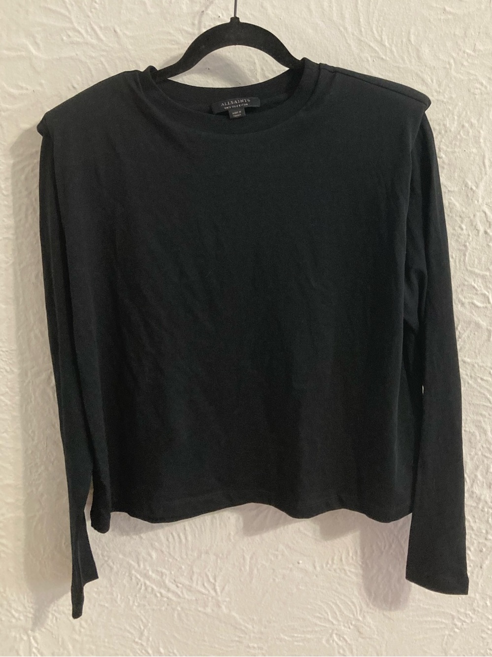 All Saints Mika Black Long Sleeve Crewneck Top with Structured Shoulder Pads